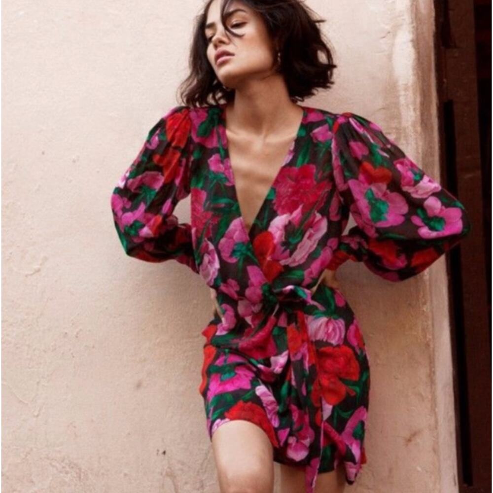 The Kooples Dolce Vite Floral Mini Pink Longsleeve Dress Womens 100% Silk Size 0